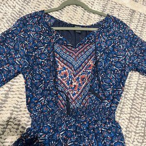 Lucky Brand Boho Floral Dress Blue Tassels
